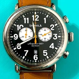 Used Shinola 47mm stainless steel case chronograph black face tan leather strap